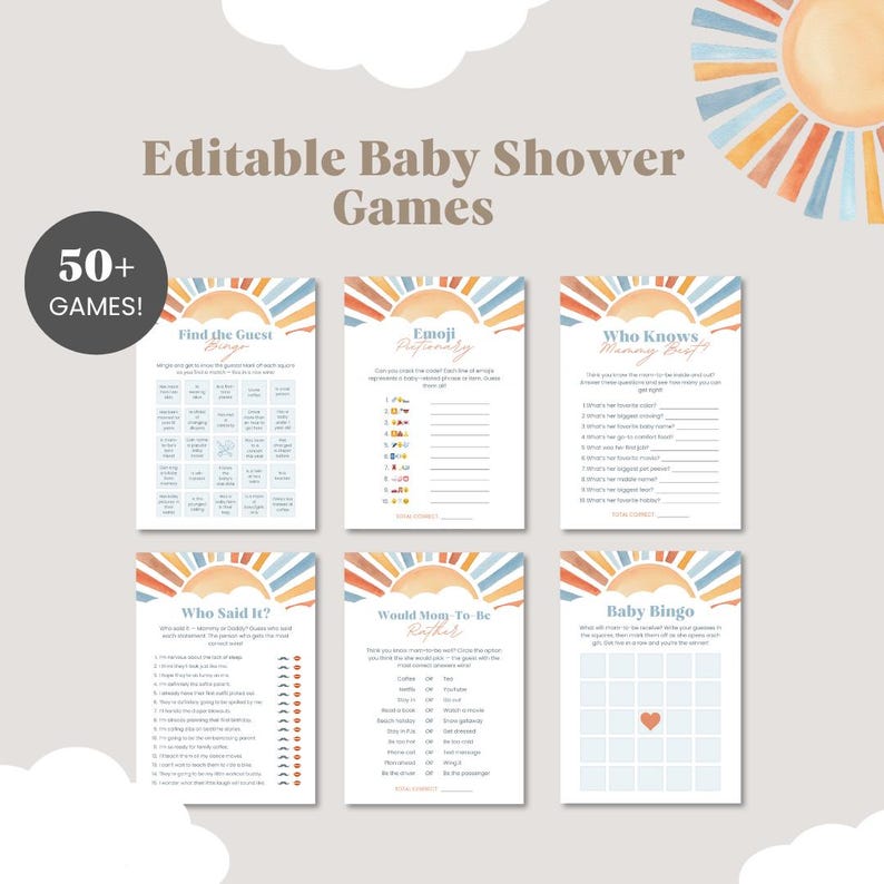 Puede incluir: Un conjunto de juegos para baby shower con un dise&ntilde;o de sol en acuarela en naranja, azul y amarillo. Los juegos incluyen "Encuentra al invitado", "Emoji Pictionary" y "Baby Bingo". El texto "Juegos editables para baby shower" est&aacute; en la parte superior.