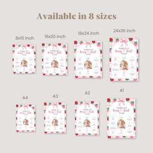 May include: A collection of eight baby milestone posters in various sizes, featuring a pink strawberry theme. Each poster includes the text "Isabella's berry first year" and a photo. Sizes range from 8x10 inches to 24x36 inches.