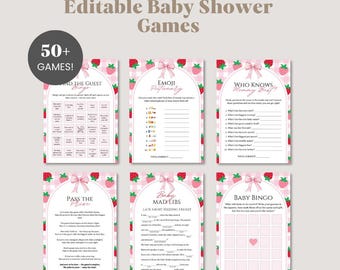 Strawberry Baby Shower Games Bundle, Editable Berry Sweet Baby Shower Games, Printable Baby Shower Games, Canva