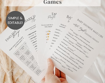Minimalist Baby Shower Games Bundle, Minimalist Gender Neutral Baby Sprinkle Activities, Printable Editable Funny Simple Baby Shower Games