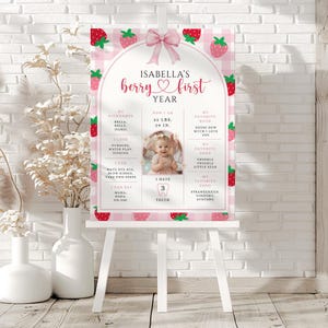 May include: A pink and white strawberry-themed first year milestone poster on a white easel. The poster features the text "Isabella's berry first year" and includes a photo, weight, height, and favorite things. The poster is decorated with strawberry illustrations.