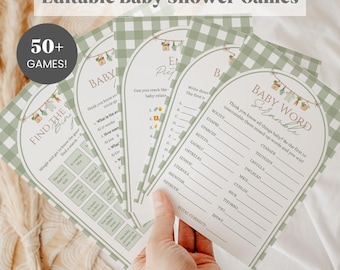 May include: A stack of baby shower game cards with a green gingham border. The cards feature various games like "Baby Word Scramble" and "Find the Baby." The text "Editable Baby Shower Games" and "50+ GAMES!" are also visible.