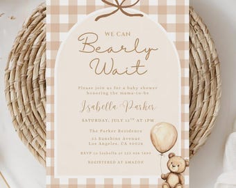 Editable We Can Bearly Wait Baby Shower Invitation, Gender Neutral Teddy Bear Baby Shower Invite, Canva Template, Digital Download