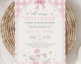 Silly Goose Baby Shower Invitation Girl, Pink Baby Shower Invite, Printable Mother Goose Baby Shower Invite, Coquette Bow Goose Baby Shower