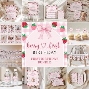 Puede incluir: Un conjunto de decoración para el primer cumpleaños con temática de fresas, patrón de cuadros vichy rosa, un lazo rosa grande y el texto berry first BIRTHDAY. Incluye invitaciones, tarjetas de hitos, adornos para cupcakes, banderines y etiquetas.