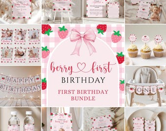 Berry First Birthday Invitation Bundle, Strawberry Bow Birthday Invitation Bundle, Berry 1st, Berry First Birthday Decor, Template