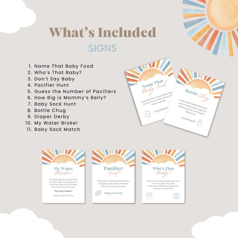 Puede incluir: Tarjetas de juegos para baby shower con un dise&ntilde;o de sol en acuarela en naranja, azul y amarillo. Las tarjetas incluyen juegos como "Name That Baby Food" y "Who's That Baby?" El texto "What's Included" y una lista de t&iacute;tulos de juegos tambi&eacute;n son visibles.