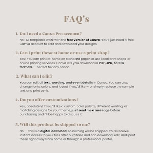 Pu&ograve; includere: Un foglio di FAQ per il download digitale beige con il titolo "FAQ's" in un carattere marrone. Il testo risponde alle domande su Canva, le opzioni di stampa, la modifica, le personalizzazioni e la spedizione. Il testo &egrave; in un carattere semplice e di facile lettura.