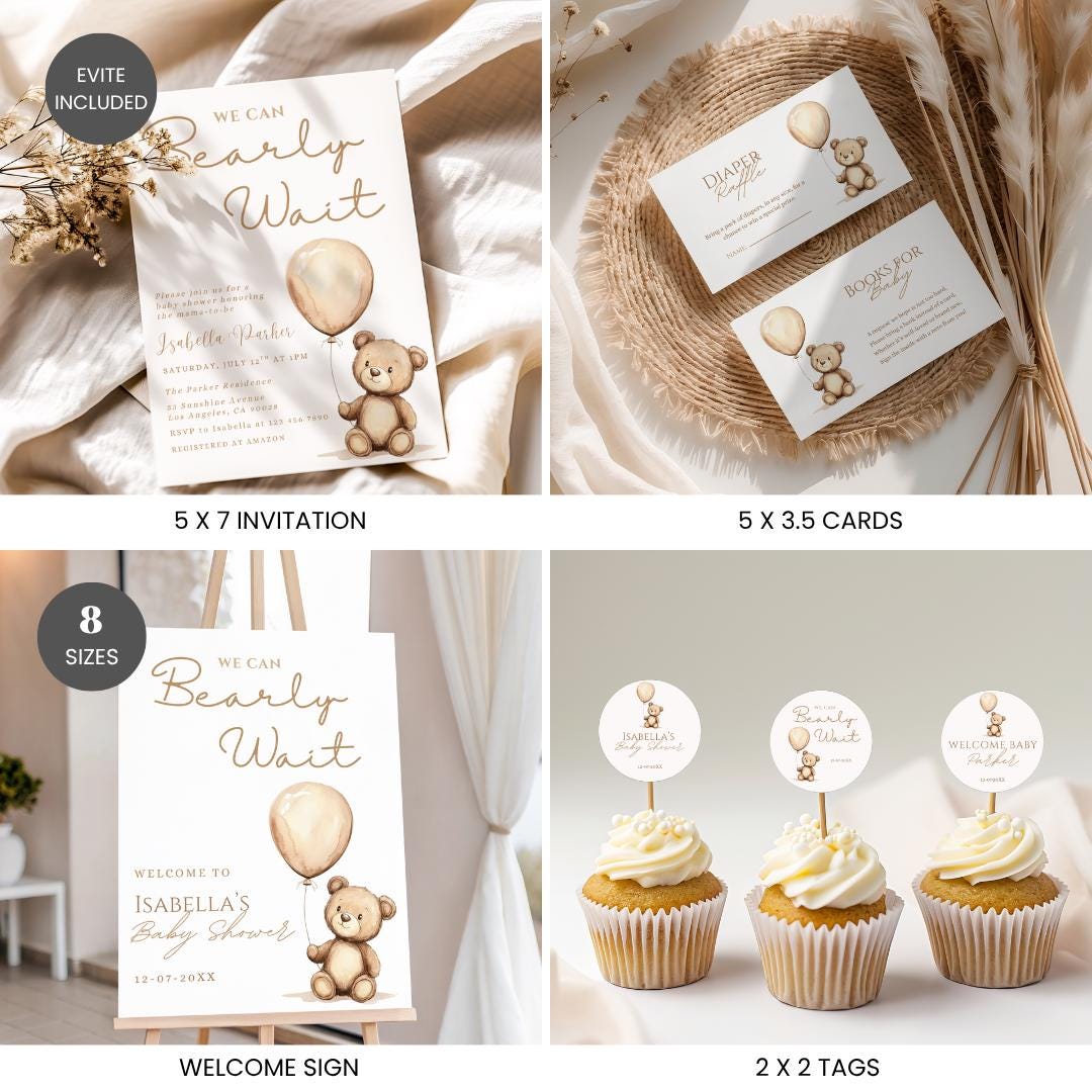 We Can Bearly Wait Baby Shower Bundle, Gender Neutral Teddy Bear Baby ...