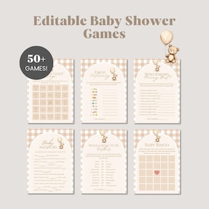 Puede incluir: Un conjunto de juegos imprimibles para baby shower con una paleta de colores neutros. Los juegos incluyen "Emoji Pictionary", "Who Knows Mommy Best" y "Baby Bingo". Cada juego presenta un gráfico de oso de peluche y el texto "Editable Baby Shower Games".
