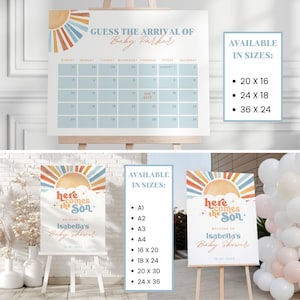 Pode incluir: Placas de ch&aacute; de beb&eacute; com um design de sol em aquarela. Uma placa &eacute; um calend&aacute;rio para adivinhar a data de chegada do beb&eacute;. A outra placa diz "Here Comes the Son" com o nome e a data do beb&eacute;. Dispon&iacute;vel em v&aacute;rios tamanhos.