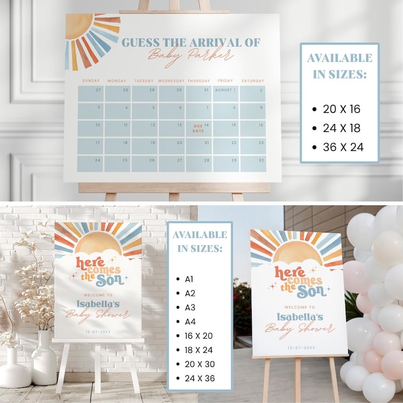 Pode incluir: Placas de ch&aacute; de beb&eacute; com um design de sol em aquarela. Uma placa &eacute; um calend&aacute;rio para adivinhar a data de chegada do beb&eacute;. A outra placa diz "Here Comes the Son" com o nome e a data do beb&eacute;. Dispon&iacute;vel em v&aacute;rios tamanhos.