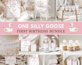 One Silly Goose 1st Birthday Bundle, Floral Goose Invite First Birthday Bundle, Floral Pink Bow Geese First Birthday Decor, Canva Templates