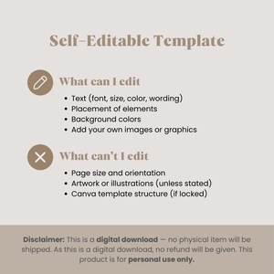 May include: A beige digital download template with the text "Self-Editable Template." The image lists what can and can't be edited, including text, placement, and background colors. The disclaimer states it's for personal use only.