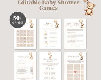Editable Gender Neutral Teddy Bear Baby Shower Games Bundle, We Can Bearly Wait Baby Shower Game Pack, Boy Boho Bear Baby Shower Games