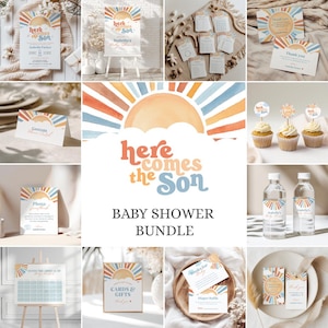 Here Comes the Son Baby Shower Bundle, Here Comes the Son Baby Shower Invitation, Boho Sunshine Baby Shower, Sun Baby Shower Decor