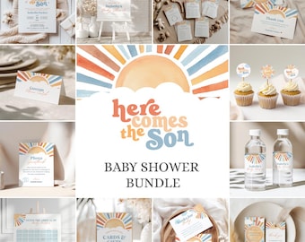 Here Comes the Son Baby Shower Bundle, Here Comes the Son Baby Shower Invitation, Editable Here Comes the Son Baby Shower Games Bundle
