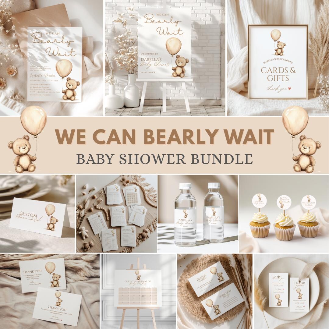 We Can Bearly Wait Baby Shower Bundle, Gender Neutral Teddy Bear Baby ...
