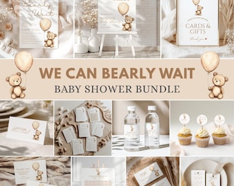 Paquete de baby shower "Podemos esperar", paquete de baby shower de osito de peluche de género neutro, conjunto de invitaciones para bebé con osito de peluche bohemio minimalista