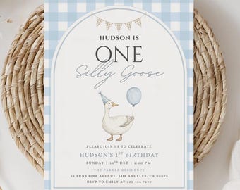 One Silly Goose Birthday Invitation Template, Printable Boy 1st Birthday Printable Invite, Blue Gingham Silly Goose Invite Editable