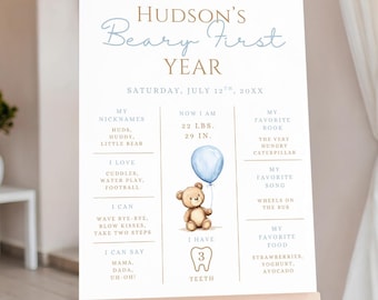 Beary First Birthday Milestone Sign, Teddy Bear 1st Birthday Milestone Board, 1st Birthday Bear Balloons Blue, Boy Birthday Milestone Poster