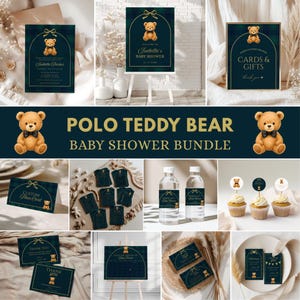 Könnte beinhalten: Ein Babyparty-Set mit dunkelgrünem Schottenkaro-Muster und einem Teddybären mit schwarzer Fliege. Das Set enthält Einladungen, Schilder für Karten und Geschenke, Wasserflaschenetiketten, Cupcake-Topper, Platzkarten und Dankeskarten.