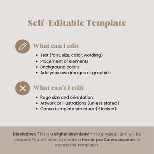 May include: A beige graphic with the text "Self-Editable Template." It lists what can and can't be edited, including text, elements, and background colors. The disclaimer states it's a digital download.