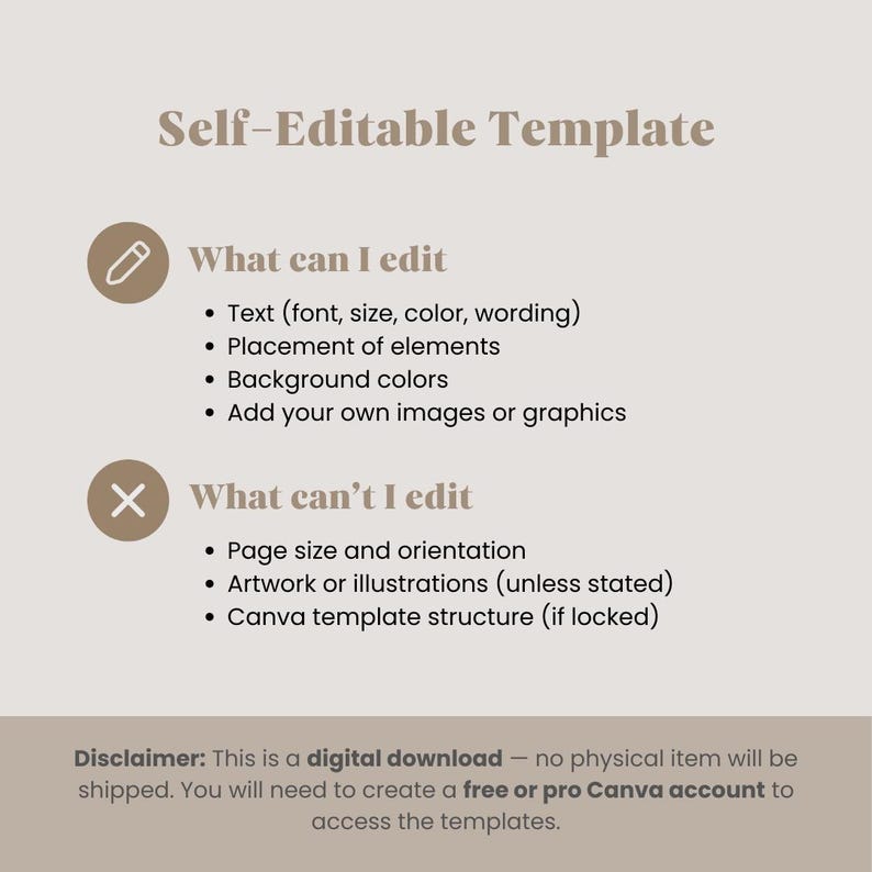 May include: A beige graphic with the text "Self-Editable Template." It lists what can and can't be edited, including text, elements, and background colors. The disclaimer states it's a digital download.
