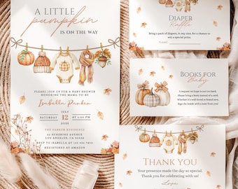 May include: Baby shower invitation set with a pumpkin theme. The invitation features the text "A Little Pumpkin is on the Way" and includes details for the event. Additional cards include a diaper raffle, book request, and thank you note.
