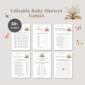 May include: A collection of printable baby shower games. The design features watercolor butterflies and floral illustrations. The games include "Emoji Pictionary", "Who Knows Mommy Best?", and "Baby Bingo". The text reads "Editable Baby Shower Games" and "50+ GAMES!"