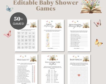 Könnte beinhalten: Eine Sammlung druckbarer Babyparty-Spiele mit Aquarell-Schmetterlingen und floralen Illustrationen. Die Spiele umfassen "Emoji Pictionary", "Who Knows Mommy Best?" und "Baby Bingo". Der Text lautet "Editable Baby Shower Games" und "50+ GAMES!"