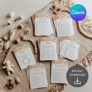 Puede incluir: Un conjunto de tarjetas de juegos para baby shower con un dise&ntilde;o de sol y arco&iacute;ris. Las tarjetas incluyen juegos como "Baby Word", "Find the Guest" y "Emoji". Las palabras "INSTANT DOWNLOAD" tambi&eacute;n son visibles. Las tarjetas est&aacute;n dispuestas sobre una superficie beige.