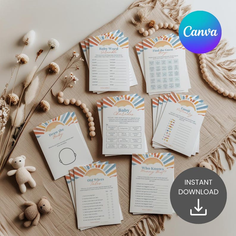 Puede incluir: Un conjunto de tarjetas de juegos para baby shower con un dise&ntilde;o de sol y arco&iacute;ris. Las tarjetas incluyen juegos como "Baby Word", "Find the Guest" y "Emoji". Las palabras "INSTANT DOWNLOAD" tambi&eacute;n son visibles. Las tarjetas est&aacute;n dispuestas sobre una superficie beige.