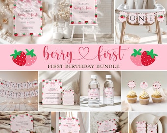 Berry First Birthday Invitation Bundle, Strawberry Bow Birthday Invitation Bundle, Berry 1st, Berry First Birthday Decor, Template