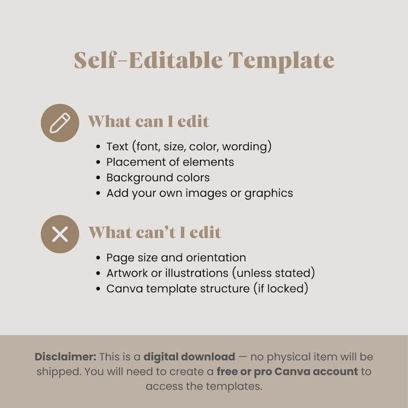 May include: A beige digital template with the text "Self-Editable Template." The image lists what can and cannot be edited, including text, elements, and background colors. A disclaimer states it is a digital download.