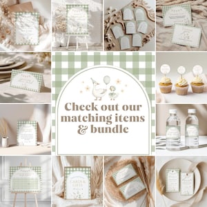 May include: A collection of baby shower stationery items with a green and white gingham pattern. The items include invitations, thank you cards, cupcake toppers, water bottle labels, and a sign with the text "Check out our matching items & bundle."