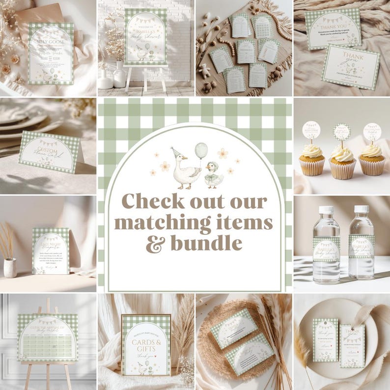 May include: A collection of baby shower stationery items with a green and white gingham pattern. The items include invitations, thank you cards, cupcake toppers, water bottle labels, and a sign with the text "Check out our matching items & bundle."