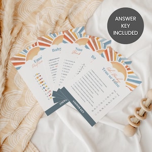Puede incluir: Un juego de tarjetas para baby shower con un dise&ntilde;o de sol en acuarela en naranja, amarillo y azul. Las tarjetas incluyen el texto "Emo Prefion", "Baby", "Nan Bad" y "Oh Baby True or False". Tambi&eacute;n se ve el texto "Answer Key Included".