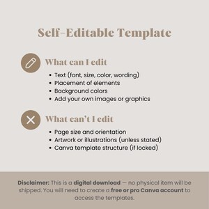 Pu&ograve; includere: Grafica beige con il testo "Modello auto-modificabile". Elenca cosa pu&ograve; e non pu&ograve; essere modificato, tra cui testo, posizionamento e colori di sfondo. L'avviso indica che si tratta di un download digitale.