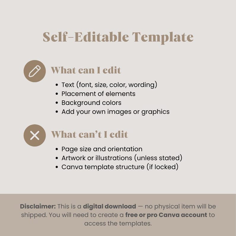 Pu&ograve; includere: Grafica beige con il testo "Modello auto-modificabile". Elenca cosa pu&ograve; e non pu&ograve; essere modificato, tra cui testo, posizionamento e colori di sfondo. L'avviso indica che si tratta di un download digitale.