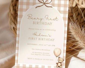 Teddy Bear 1st Birthday Invitation, Beary First Birthday Invitation, Neutral Gingham, Editable Canva Template
