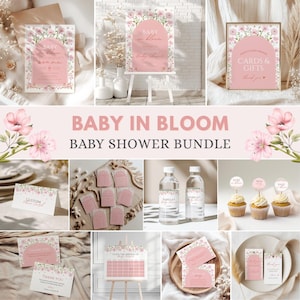 May include: A baby shower stationery bundle featuring a floral design in soft pink and white. The set includes invitations, signs, cards, tags, and cupcake toppers. The words "Baby in Bloom" are displayed across the items.