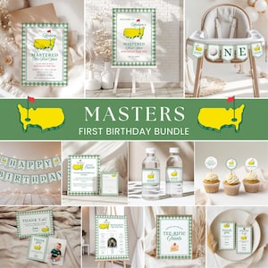 May include: A collection of golf-themed party decorations and stationery. Includes invitations, banners, water bottle labels, cupcake toppers, and thank you cards. The design features a yellow golf course outline with a red flag and green gingham borders.