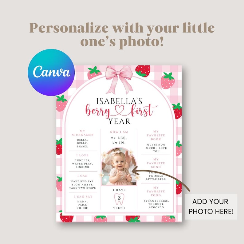 May include: A pink and white first birthday milestone poster with strawberry and bow graphics. The poster includes the text "Isabella's berry first year", with space to add a photo. It lists nicknames, favorite things, and measurements.