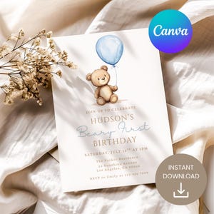 May include: A light-colored invitation card with a watercolor illustration of a teddy bear holding a blue balloon. The text reads "Hudson's Beary First Birthday" with event details. Includes a "Canva" logo and "Instant Download" button.