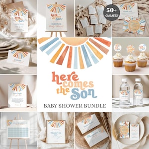Here Comes the Son Baby Shower Bundle, Here Comes the Son Baby Shower Invitation, Boho Sunshine Baby Shower, Sun Baby Shower Decor