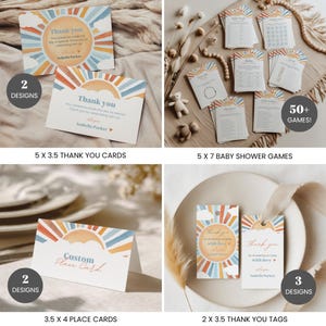 Pode incluir: Uma cole&ccedil;&atilde;o de artigos de papelaria para ch&aacute; de beb&eacute; com um design de sol e nuvens. Inclui cart&otilde;es de agradecimento de 12.7x8.9 cm, jogos de ch&aacute; de beb&eacute; de 12.7x17.8 cm, cart&otilde;es de lugar de 8.9x10.2 cm e etiquetas de agradecimento de 5.1x8.9 cm. Os cart&otilde;es apresentam o texto "Thank you".