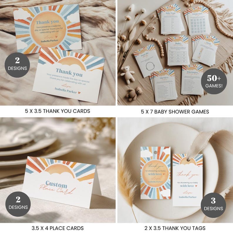 Pode incluir: Uma cole&ccedil;&atilde;o de artigos de papelaria para ch&aacute; de beb&eacute; com um design de sol e nuvens. Inclui cart&otilde;es de agradecimento de 12.7x8.9 cm, jogos de ch&aacute; de beb&eacute; de 12.7x17.8 cm, cart&otilde;es de lugar de 8.9x10.2 cm e etiquetas de agradecimento de 5.1x8.9 cm. Os cart&otilde;es apresentam o texto "Thank you".