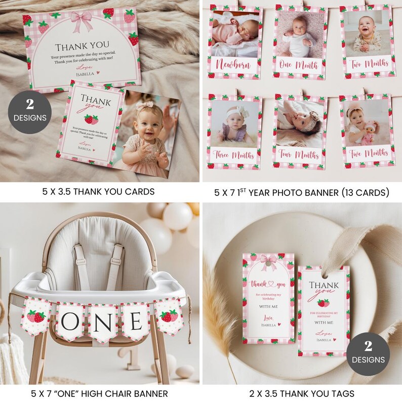 May include: A collection of strawberry-themed party stationery including 5 by 3.5 inch thank you cards, a 5 by 7 inch first-year photo banner, a 5 by 7 inch high chair banner with the word ONE, and 2 by 3.5 inch thank you tags.