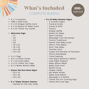 Pode incluir: Um pacote completo para ch&aacute; de beb&eacute; com mais de 100 modelos, incluindo convites, cartazes, jogos e muito mais. A imagem apresenta uma lista de itens inclu&iacute;dos, como cartazes de boas-vindas, cart&otilde;es de rifa de fraldas e cart&otilde;es de agradecimento.